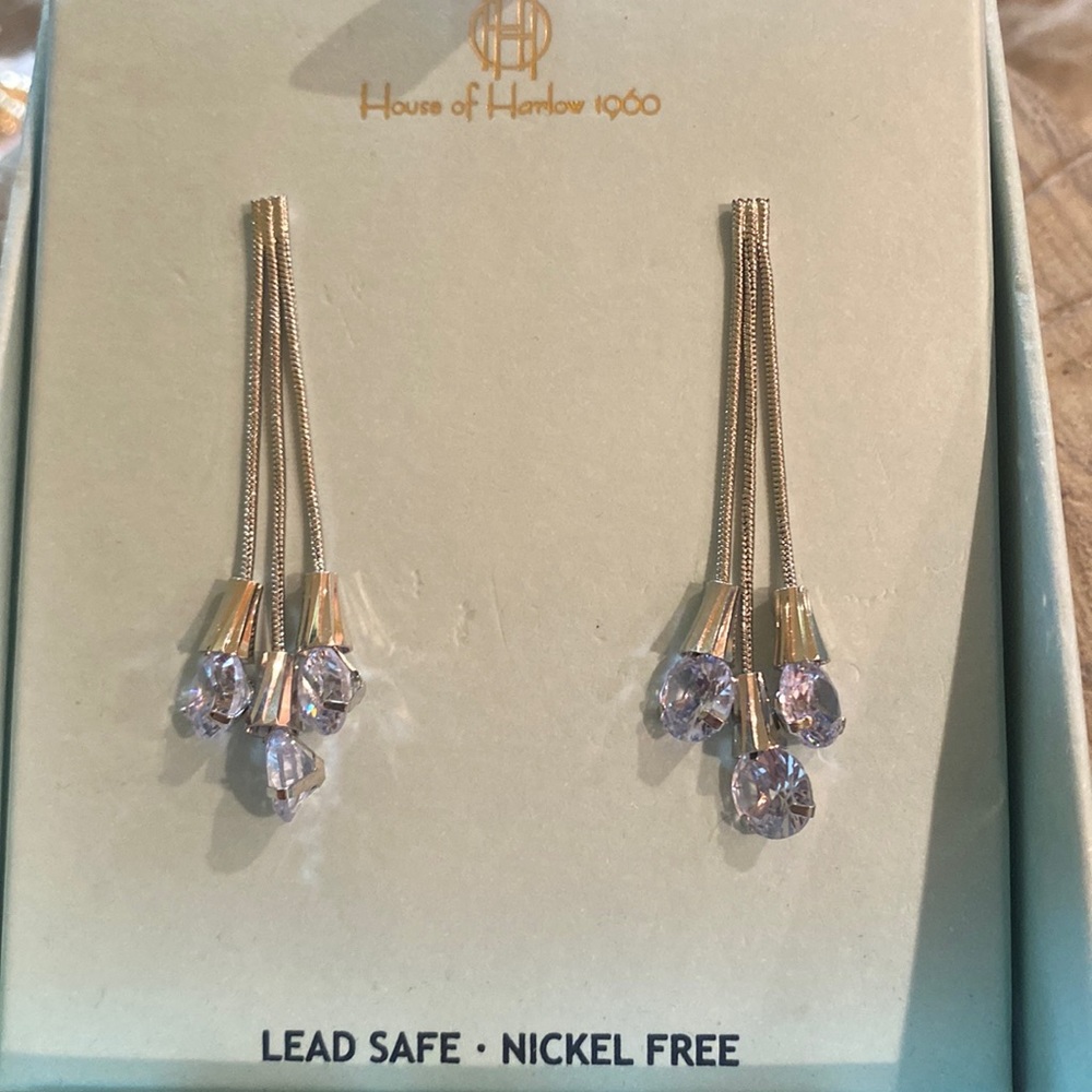 House Of Harlow 1960 Glass Silver Drop Earrings NWT